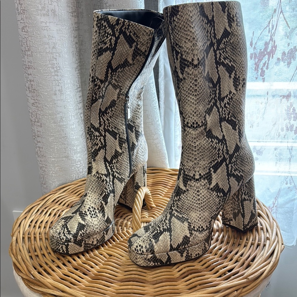 SCHUTZ Black and Cream Heeled Boots with Snakeskin Print